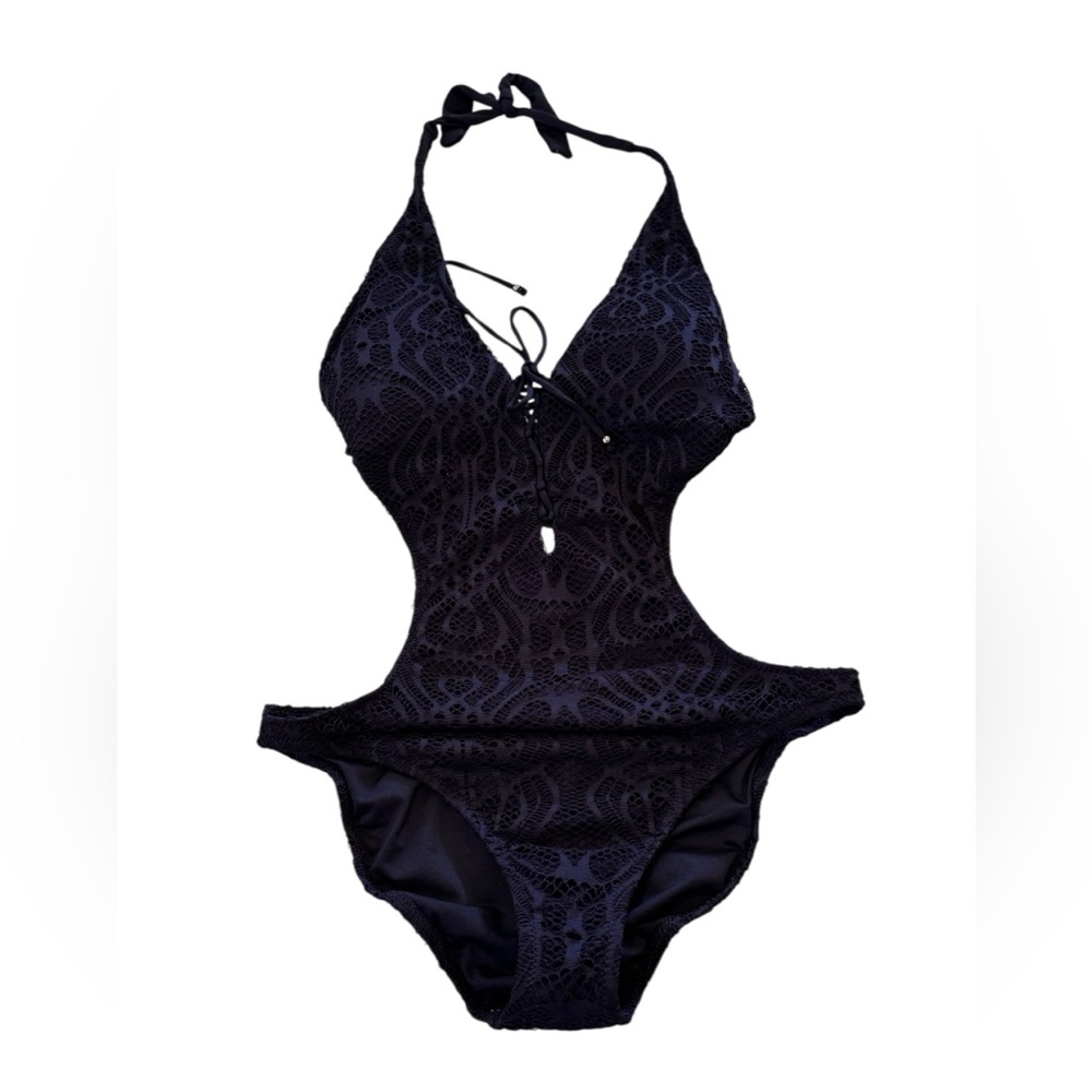 RALPH LAUREN Black Lace Monokini One-Piece Swimsuit Lowcut Back Side Cutouts
